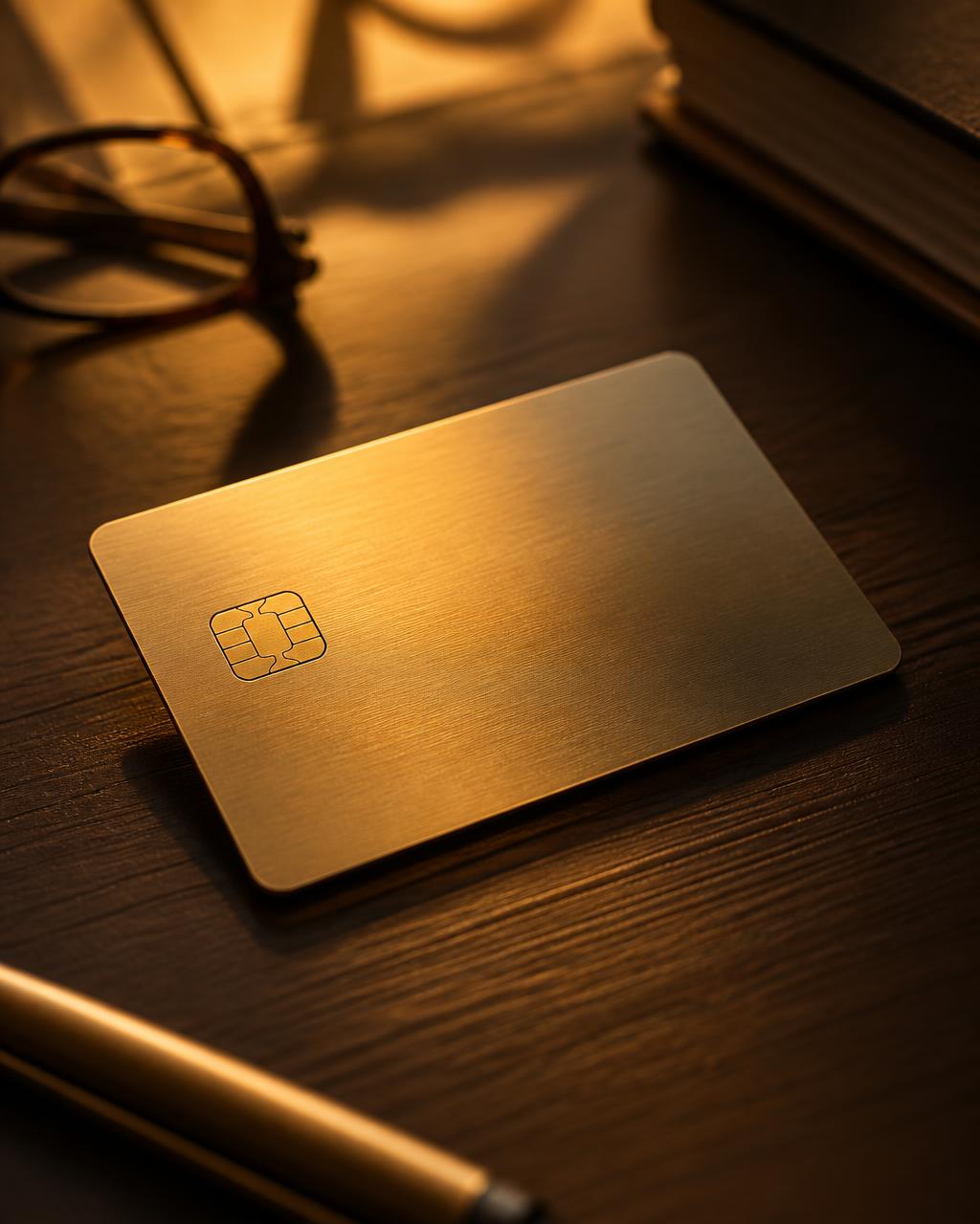 A premium metal credit card resting on a wooden desk in warm evening light